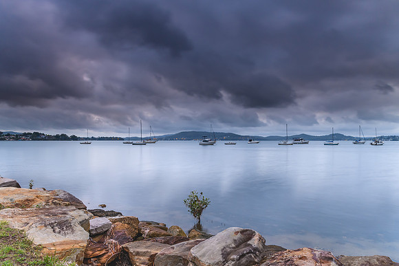 Overcast and Cloudy Bay with Boats