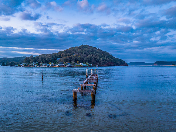 Aerial sunrise over Brisbane Water between Ettalong Beach and Wa