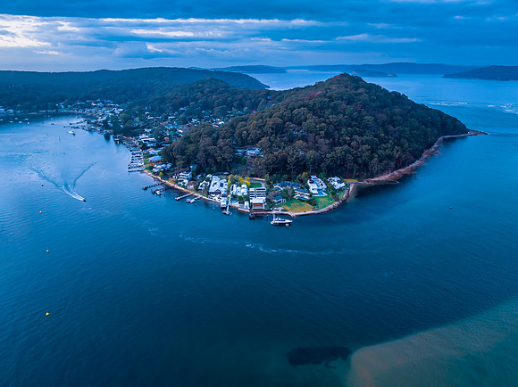 Aerial sunrise over Brisbane Water between Ettalong Beach and Wa