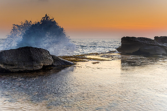 Splashy Sunrise Seascape and Rock Ledge