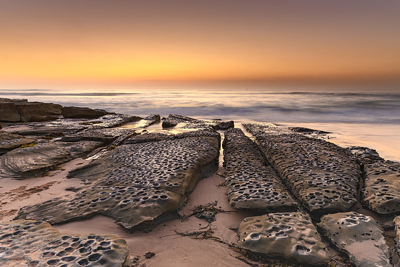 Beach Seascape and Rock Ledge in Soft Shades of Brown