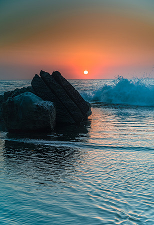 Sunrise Seascape, Splash and Rocks