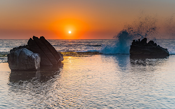Sunrise Seascape, Splash and Rocks