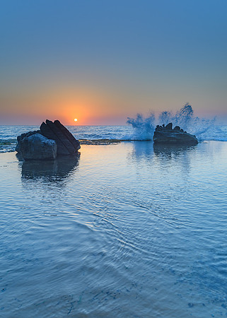 Sunrise Seascape, Splash and Rocks
