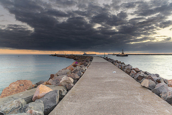 Boats and Breakwall Dawn Seascape