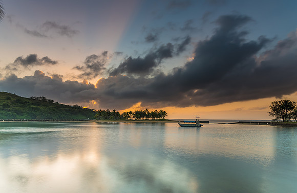 Tropical Sunrise with Island and Palm Trees