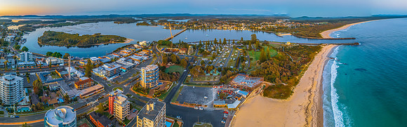 Sunrise seascape panorama over Forster-Tunccury from Forster Bea