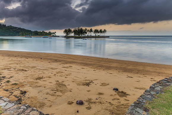 Tropical Sunrise with Island and Palm Trees