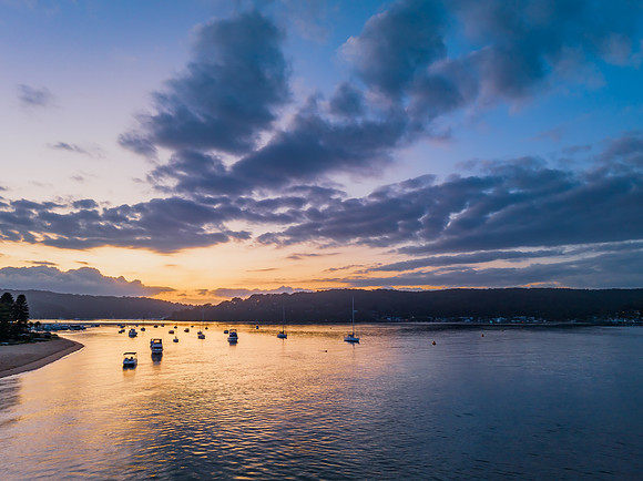 Aerial sunrise over Brisbane Water between Ettalong Beach and Wa
