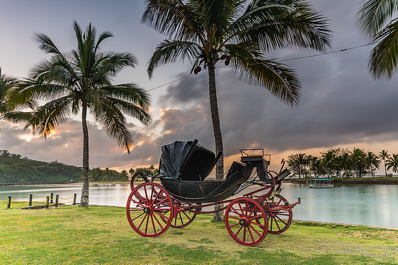 Tropical Sunrise with Island,  Palm Trees and Vintage Carriage