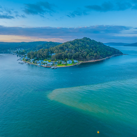 Aerial sunrise over Brisbane Water between Ettalong Beach and Wa