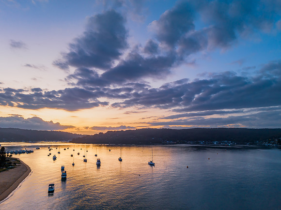 Aerial sunrise over Brisbane Water between Ettalong Beach and Wa