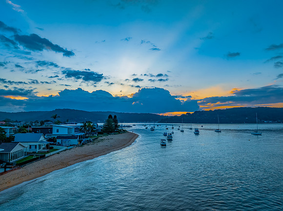 Aerial sunrise over Brisbane Water between Ettalong Beach and Wa