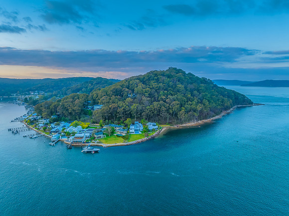 Aerial sunrise over Brisbane Water between Ettalong Beach and Wa