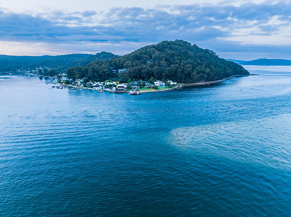 Aerial sunrise over Brisbane Water between Ettalong Beach and Wa
