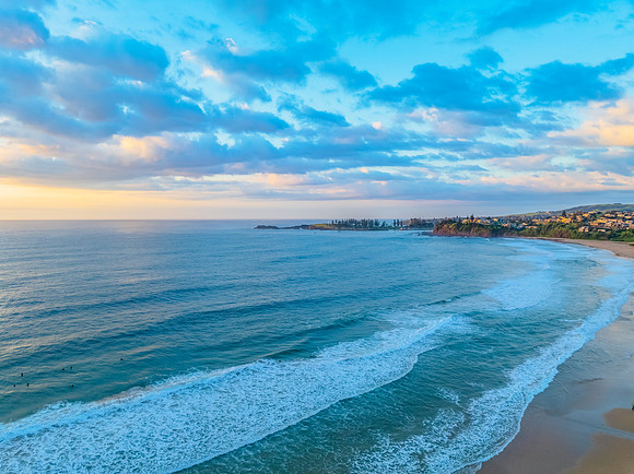 Aerial sunrise views over Bombo Beach at Kiama