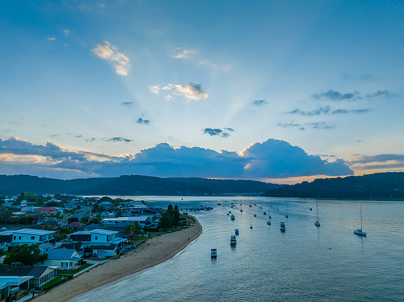 Aerial sunrise over Brisbane Water between Ettalong Beach and Wa