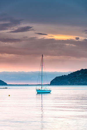 Shades of Pink and Purple Waterscape with Sail Boat