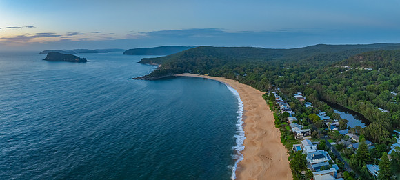 Sunrise Panorama Landscape at the seaside with houses, beach, se