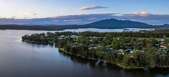 Sunset panorama over the lake