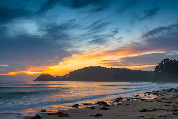 Sunrise at the seaside with cloud cover and seaweed