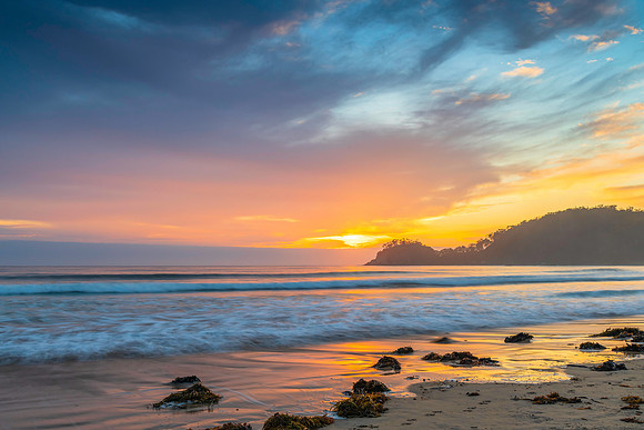 Sunrise at the seaside with cloud cover and seaweed