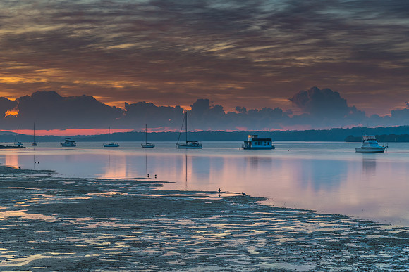 Sunrise Waterscape with High Cloud and Boats