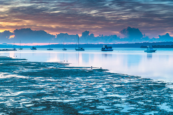 Sunrise Waterscape with High Cloud and Boats