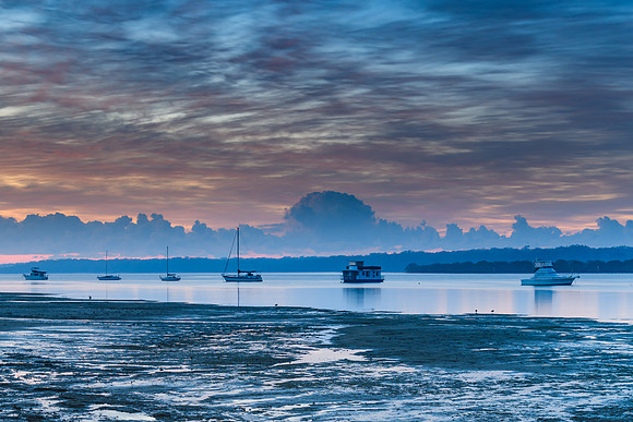 Sunrise Waterscape with High Cloud and Boats
