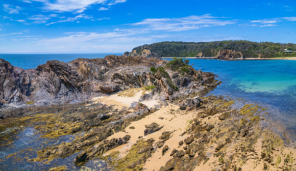 Daytime Aerial Seascape and Rock Formations