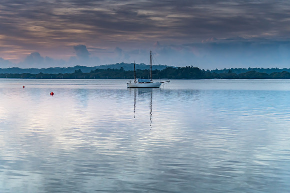 Sunrise Waterscape with High Cloud and Boats