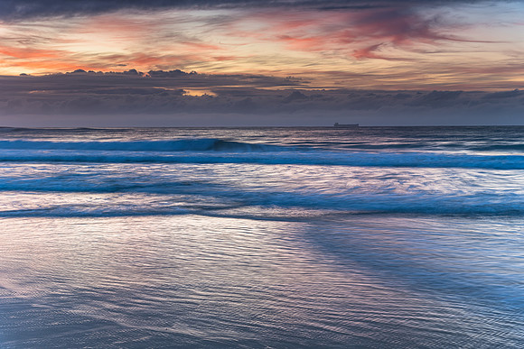 Sunrise Seascape with Clouds and Ships on the Horizon