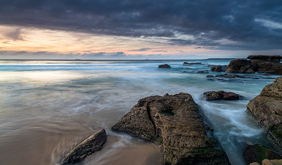 Sunrise Seascape Panorama with Clouds and Ships on the Horizon