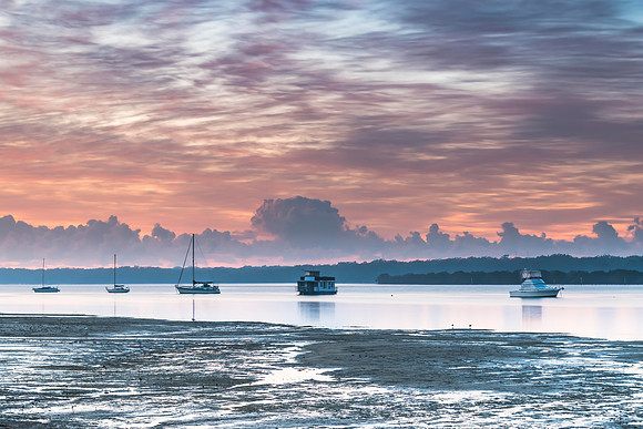 Sunrise Waterscape with High Cloud and Boats