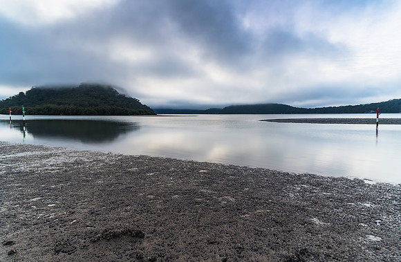 Misty morning panorama at the river