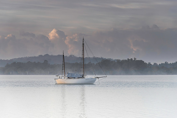Alone - Sunrise Waterscape with Mist, Boat and Cloud