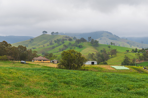 Overcast day in the country overlooking farm land