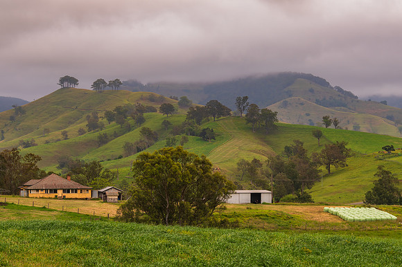 Overcast day in the country overlooking farm land