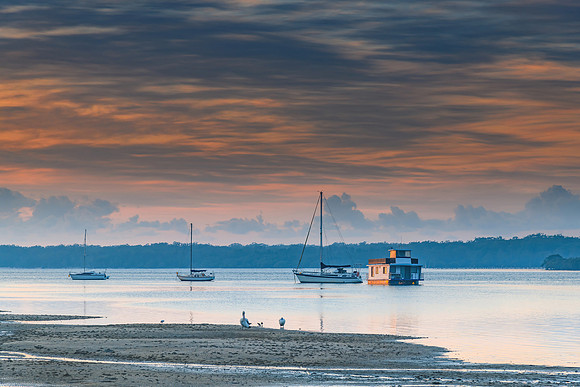 Sunrise Waterscape with High Cloud and Boats