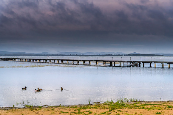 Rainy day sunrise waterscape with wharf
