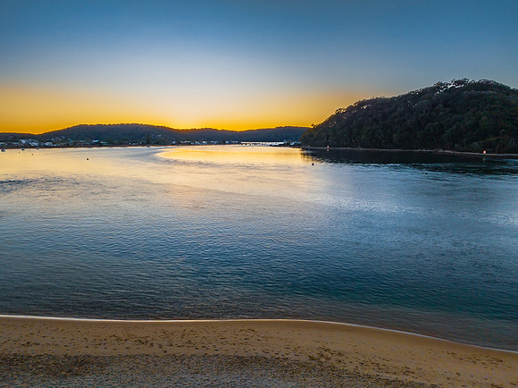 Aerial sunrise at the waterfront