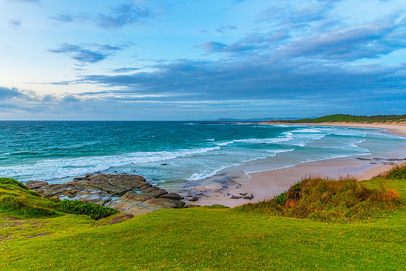 Sunrise seascape with strong southerly winds