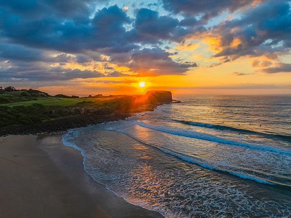 Aerial sunrise views over Bombo Beach at Kiama