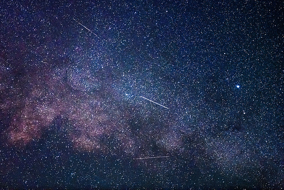 The Milky Way Galaxy with meteors and satellites