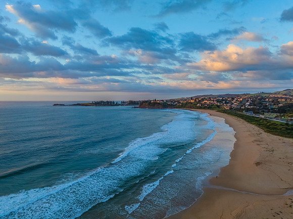 Aerial sunrise views over Bombo Beach at Kiama