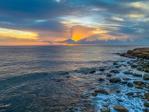 Aerial Sunrise Seascape Shrouded in Fog and High Clouds