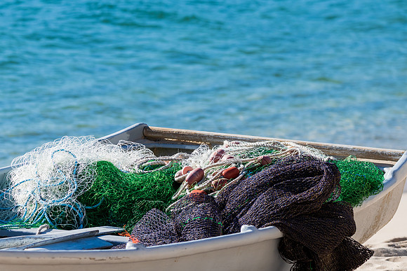 Fishing nets in a tin boat on the shore
