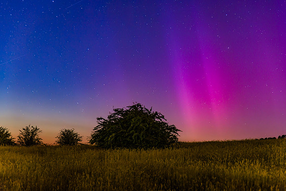 Aurora Australis display lights up the predawn sky in pinks