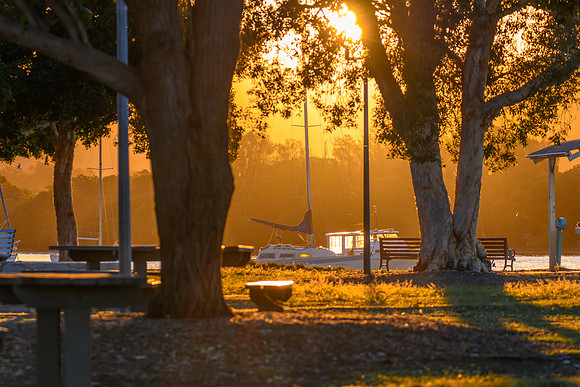 Golden hour sunset light at the waterfront