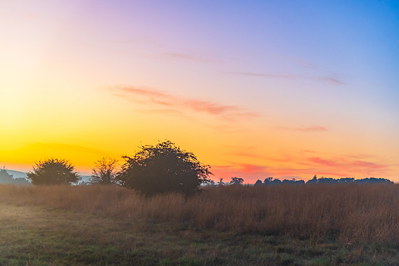 Sunrise over the countryside on the outskirts of country town wi